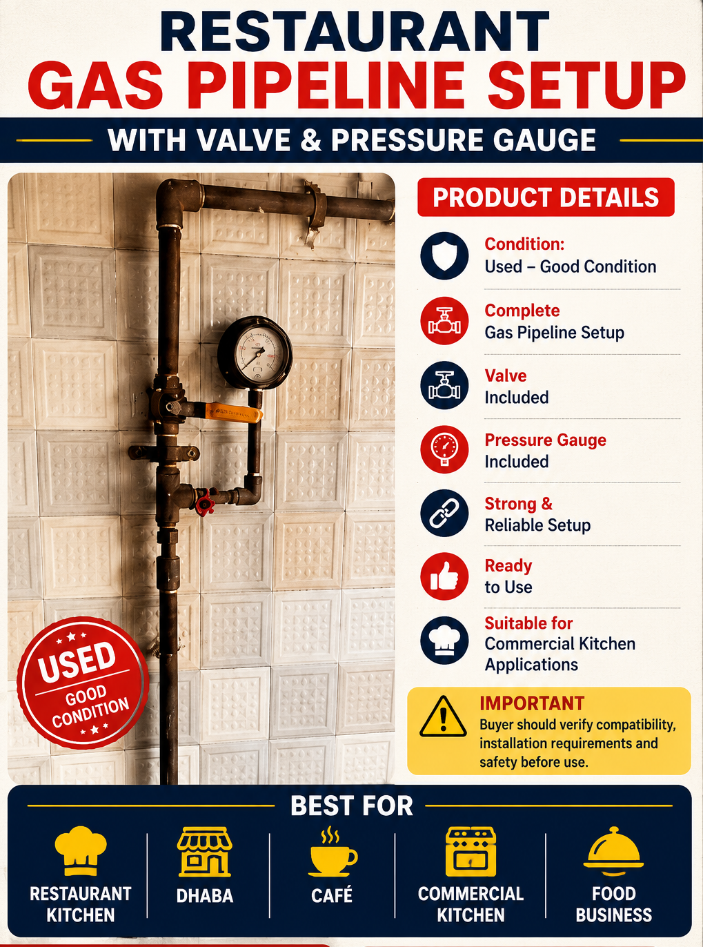 Restaurant Gas Pipeline Setup with Valve & Pressure Gauge