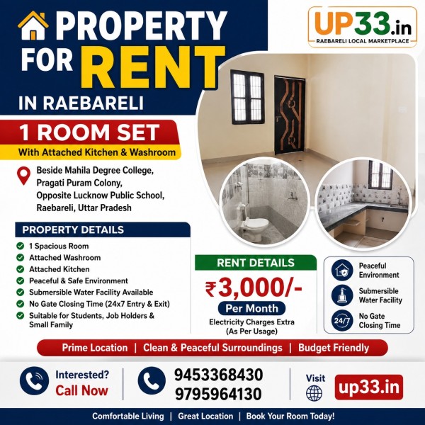 Property for Rent in Raebareli – 1 Room with Attached Kitchen & Washroom | Pragati Puram Colony